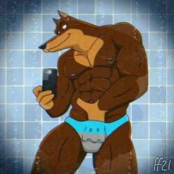 abs anthro blitz_(road_rovers) brown_body brown_fur bulge canid canine canis clothing dobermann domestic_dog fabfelipe fur grope groping_crotch groping_self hi_res male male_only mammal muscular muscular_anthro muscular_male nipples pecs phone pinscher road_rovers solo speedo swimwear