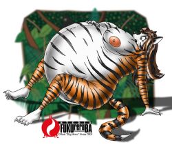 2003 anthro belly breasts digital_media_(artwork) expansion felid female fur fuusenroba hair inflation mammal nipples nude pantherine simple_background solo tiger umi_(big_horse)