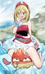 angry blonde_hair blue_eyes blush bracelet bracelets clothed clothed_female clothing color electricity electrostimulation glaceon headband headgear hisuian_voltorb irida_(pokemon) looking_down mokataki open_mouth outdoors outside pokemon pokemon_legends:_arceus pokephilia shivering tears traditional_clothes voltorb