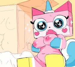 absurd_res animate_inanimate anthro big_breasts breasts cute_fangs domestic_cat featureless_feet featureless_hands felid feline felis female heart hi_res hybrid lego mammal nude open_mouth sitting sketch solo sparkling_eyes the_lego_movie unikitty uyu