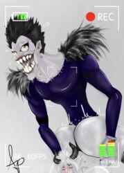 big_butt black_hair camera creepy_smile curvy death_god death_note demon erection female fictional_persona funny goth grim hickeys horns leather_clothing looking_up male male_on_female monster_boy monster_girl oc on_camera ryuk sex shinigami white_background white_hair