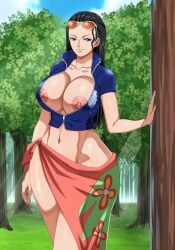 1girls areola black_hair curvaceous curvy eyewear_on_head female female_only hi_res high_resolution huge_breasts human large_breasts long_hair navel nico_robin nipple_slip one_piece pinkpawg sarong seductive seductive_smile solo solo_female sunglasses sunglasses_on_head