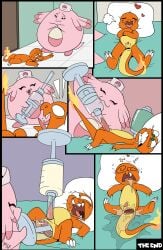 absurd_res anthro bed chansey charmander comic cum fuf furniture hi_res male male_penetrated nintendo nurse penis pokémon_(species) pokemon pokemon_(anime) scalie syringe tail