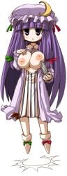 blush blush_stickers book breasts_out dress eyebrows_visible_through_hair female floating hat hirowa_nagi long_hair patchouli_knowledge purple_eyes purple_hair solo touhou very_long_hair white_background