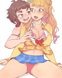 2girls big_breasts blonde_hair blue_eyes blue_skirt bra breast_grab breasts brown_hair clothing female female_only galko gyaru litsilium long_hair matching_underwear open_mouth oshiete!_galko-chan otako_(galko) panties pink_bra pink_panties shirt short_hair skirt spread_legs thick_thighs thighs twintails upskirt yuri