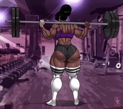 1girls animated barbell black_hair black_short_shorts black_shorts dark-skinned_female dark_skin exercise female female_only from_behind gif gym gym_clothes gym_uniform hair_bun hair_up huge_ass muscular muscular_female nikki_(osmar-shotgun) original osmar-shotgun short_shorts socks solo solo_female solo_focus squats tank_top thick_thighs thigh_high_socks thighhigh_socks thighhighs weightlifting workout workout_clothes