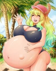 1girls ass belly big_ass big_belly big_breasts bikini breasts cleavage detailed_bulge female fetal_movement huge_belly huge_breasts miss_kobayashi's_dragon_maid predator pregnant quetzalcoatl_(dragon_maid) stomach stomach_bulge sweet_lola