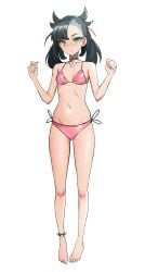 1girls anklet asymmetrical_hair bare_arms bare_legs bare_shoulders barefoot bikini black_hair blush choker female full_body green_eyes kiritzugu light-skinned_female light_skin looking_at_viewer marnie_(pokemon) midriff nail_polish nintendo pink_nails pokemon pokemon_ss side-tie_bikini small_breasts solo string_bikini swimsuit twintails