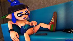 3d blue_eyes blue_hair breasts convex_(freezerburn) couch freezerburnsfm headgear inkling inkling_girl looking_down looking_pleasured masturbation nipples orgasm phone pussy_juice remote_control sfm shoes source_filmmaker splatoon splatoon_2 tongue_out