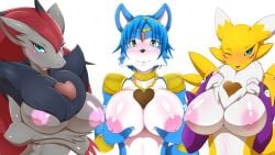 anthro big_breasts blue_body blue_fur blush breasts color crossover digimon digimon_(species) female female_only fur group hi_res kemojin krystal looking_at_viewer nintendo nipples one_eye_closed pokémon_(species) pokemon pokemon_(species) renamon star_fox video_games white_body white_fur yellow_body yellow_fur zoroark