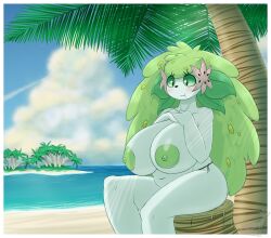 absurd_res anthro beach big_breasts bikini bikini_bottom breasts clothed clothing detailed_background female hi_res huge_breasts legendary_pokemon nintendo palm_tree plant pokémon_(species) pokemon pokemon_(species) seaside shaymin side-tie_bikini sitting snackbunnii solo swimwear topless tree video_games white_body