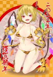 2022 animal_costume animal_hands animal_print bikini blonde_hair breasts chinese_zodiac crystal dai_zu_san female flandre_scarlet gloves highres large_breasts oerba_yun_fang older one_side_up paw_gloves print_bikini red_eyes red_ribbon ribbon side_ponytail swimsuit tail tiger_costume tiger_print tiger_tail touhou wings year_of_the_tiger