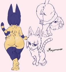 animal_crossing ankha anthro anus ass bent_over big_butt blue_hair breasts domestic_cat egyptian feet felid feline felis female fur genitals hair hi_res high-angle_view looking_at_viewer looking_up mammal mayomancer monochrome nintendo pawpads presenting pussy shortstack simple_background sketch small_breasts soles solo thick_thighs video_games walking yellow_body yellow_fur