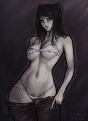 1girls areola_slip areolae black_hair blue_eyes bra breasts dark_background ergo_proxy female female_only goth long_hair looking_at_viewer navel panties pubic_hair re-l_mayer snowyfeline solo twintails underwear undressing