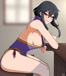 1girls armpits black_eyes black_hair blush breasts commission commissioner_upload earrings eyebrows_visible_through_hair female fire_emblem fire_emblem:_genealogy_of_the_holy_war flashing highres jewelry larcei_(fire_emblem) looking_at_viewer medium_breasts nintendo nipple_slip nipples no_pants panties public_indecency public_nudity smile smug string_panties teasing tsunsune underwear