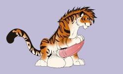 absurd_res balls big_balls felid feral genitals hi_res hyper hyper_genitalia inkybeaker kato_(tiger) male mammal pantherine paw_on_penis smile smirk solo tiger