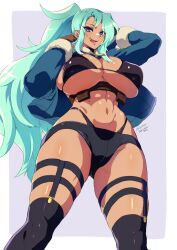 aqua_hair athletic athletic_female bandaid bandaid_on_nose belly_button big_breasts big_hips bikini bikini_bottom bikini_top blue_coat blue_eyes breasts coat dark-skinned_female dark_skin fang_out fit fit_female green_hair huge_breasts jacket kneesocks looking_at_viewer looking_down muscular_female oerba_yun_fang open_mouth original_character panty_straps pouches rykerdj shiny shiny_hair shiny_skin short_shorts shorts tan tan_body tan_skin thick_thighs thighs thong_above_shorts thong_straps underboob wide_hips yajiro_masaru