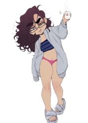 bra brown_hair curvy glasses messy_hair open_sweatshirt panties pantslesspajamas pantylesspjs pink_panties sandals sweatshirt tagme thick_eyebrows youtube youtuber