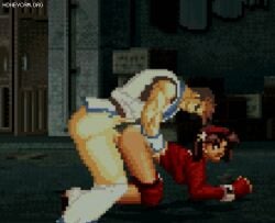 1boy 1girls animated ass ass_up athena_asamiya bent_over breasts brown_hair dobok doggy_style exposed_ass fatal_fury female from_behind g-bit garou:_mark_of_the_wolves hairband hanging_breasts kim_dong_hwan king_of_fighters m.u.g.e.n male no_panties on_all_fours pants_down partially_clothed penetration pixel_art purple_hair red_topwear sex sideboob snk vaginal_penetration vaginal_sex