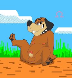 anthro ass canid canine canis domestic_dog duck_hunt duck_hunt_dog jamal_void_everycandyheart looking_at_viewer male mammal nintendo presenting presenting_hindquarters simple_background sitting size_difference slightly_chubby smaller_male solo video_games