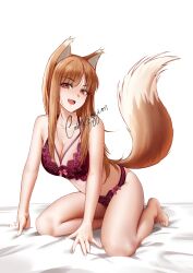 1girls barefoot bra brown_hair cleavage female female_only full_body holo kemonomimi kneeling lace-trimmed_bra lace-trimmed_panties large_breasts lingerie long_hair looking_at_viewer oerba_yun_fang on_bed open_mouth panties red_hair shizuko_hideyoshi smile solo spice_and_wolf tail wolf_ears wolf_girl wolf_tail