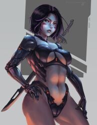 1girls 2020 alita battle_angel_alita black_hair breasts curvaceous cyborg female female_only large_breasts light-skinned_female light_skin metal_arm myth1c panties purple_hair short_hair solo sword thick_thighs wide_hips