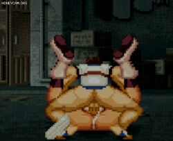 1boy 1girls animated ass ass_visible_through_thighs athena_asamiya bottomless brown_hair dobok faceless_male fatal_fury female g-bit garou:_mark_of_the_wolves hairband kim_dong_hwan king_of_fighters legs_up m.u.g.e.n male missionary panties_aside pants_down partially_clothed pixel_art purple_hair red_topwear see-through sex snk straight vaginal_penetration vaginal_sex