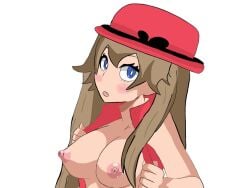 blonde_hair blue_eyes blush flashing_breasts hypixel hypixel_skyblock kat_(hypixel_skyblock) minecraft pink_hat pink_vest pokemon serena_(pokemon)