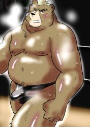 2019 absurd_res anthro ashigara belly blush bodily_fluids bulge clothing genital_outline hi_res humanoid_hands kemono lifewonders male mammal moobs navel nipples overweight overweight_male penis_outline solo sweat tokyo_afterschool_summoners ujishiyo underwear ursid video_games