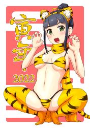 2022 animal_ears animal_print bikini black_hair breasts chinese_zodiac commentary_request curled_fingers female female full_body green_eyes hamaguchi_ayame highres idolmaster idolmaster_cinderella_girls medium_breasts rakukisa scarf sidelocks smile solo squatting swimsuit tail thighhighs tiger_ears tiger_print tiger_tail year_of_the_tiger yellow_bikini yellow_legwear yellow_scarf