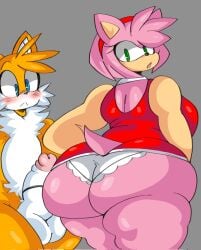 1boy 1girls amy_rose anthro ass big_ass big_balls big_breasts big_thighs blue_eyes blush breasts dork_boi dress fat female fox green_eyes huge_ass lewd_dorky panties penis pink_fur pink_hair sega sonic_(series) sonic_the_hedgehog_(series) tagme tail tails underwear yellow_fur