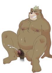 2019 absurd_res anthro ashigara balls belly blush bodily_fluids brown_body closed_eyes cum ejaculation erection genital_fluids genitals handjob hi_res humanoid_genitalia humanoid_hands humanoid_penis kemono lifewonders male mammal moobs navel nipples overweight overweight_male penile penis sex simple_background sitting solo_focus tokyo_afterschool_summoners ujishiyo ursid video_games white_background