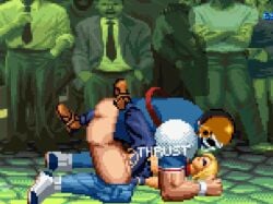 1boy 1girls animated blonde_hair blue_mary bob_cut breasts brian_battler defeated fatal_fury female fingerless_gloves king_of_fighters legs_up m.u.g.e.n missionary_position pants_down pixel_art rape sex snk straight