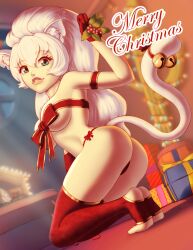 animal_ears ass black_panties blue_eyes breasts cat_ears cat_girl cat_tail christmas exael gloves kneeling looking_at_viewer looking_back mistletoe nyari original panties ribbon_bra side-tie_panties tagme tail thighhighs underboob white_hair