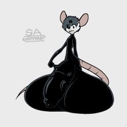 anthro black_hair clothing genitals hair hyper hyper_genitalia male male/male mammal mouse murid murine rodent rubber rubber_clothing rubber_suit shuffy shuffy_(character) solo stretchy tight_fit