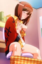 bangs blush breasts brown_eyes brown_hair clothes_pull eyebrows_visible_through_hair feet_out_of_frame female hairband indoors kayama_tamami long_sleeves nipples non-web_source official_art open_clothes open_mouth open_robe panties pants pants_pull photoshop_(medium) robe short_hair sitting small_breasts solo super_real_mahjong super_real_mahjong_p6 tanaka_ryou underwear white_panties