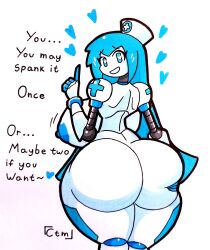 alice_(mr.ctm) ass_grab big_ass big_breasts big_butt blue_areola blue_eyes blue_hair blue_nipples grabbing_own_ass heart-shaped_pupils huge_areolae huge_ass huge_breasts long_hair looking_at_viewer looking_back mr.ctm nurse nurse_cap robot robot_girl robot_humanoid smiling smiling_at_viewer thick_ass thick_thighs white_skin