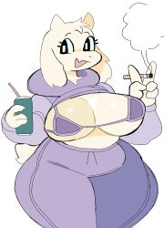 1girls 5_fingers anthro big_breasts bovid breasts breasts_apart caprine cigarette clothed clothing female female_only front_view fur furry furry_only goat holding holding_cigarette holding_object hoodie looking_at_viewer looking_to_the_side no_visible_genitalia no_visible_nipples open_mouth peace_sign puppychan purple_clothing shirt_lift shirt_lifted smoking solo solo_female sweat_pants tail thick_thighs toby_fox toriel undertale undertale_(series) white_fur wide_hips