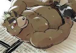 2018 absurd_res anthro ashigara belly blush bodily_fluids clothing genitals hi_res humanoid_genitalia humanoid_hands humanoid_penis lifewonders lying male mammal moobs navel nipples overweight overweight_male penis solo sweat tokyo_afterschool_summoners ujishiyo underwear ursid video_games