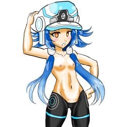 1girls bare_belly bare_chest belly_button big_hat black_leggings blue_hair doublestack_(artist) flat_chest light-skinned_female neptunia_(series) next_white nipples orange_eyes solo solo_female twintails white_background white_heart