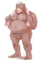 2019 absurd_res anthro ashigara balls belly blush brown_body erection genitals hi_res humanoid_genitalia humanoid_hands humanoid_penis kemono lifewonders male mammal moobs navel nipples overweight overweight_male penis simple_background solo tokyo_afterschool_summoners towel towel_around_neck ujishiyo ursid video_games white_background