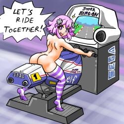 1girls arcade arcade_machine ass bare_back bike d-pad_hair_ornament doublestack_(artist) english_text exhibitionism eyebrows_visible_through_hair female hang-on human light-skinned_female naked neptune_(neptunia) neptunia_(series) nude nude_female pale_skin sega striped_stockings