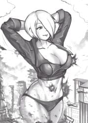 angel_(kof) anime_style breasts cleavage destruction giantess greyscale king_of_fighters large_breasts macro macrophilia mexican milf pixiv tease teasing white_hair yilx