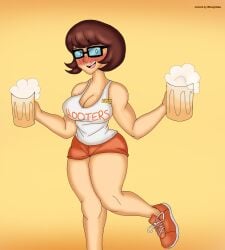 1girls beer beer_mug blush brown_hair glasses hanna-barbera hooters hooters_uniform motherloverkung nametag nervous_smile nervous_sweat orange_shoes scooby-doo signature sneakers tank_top text velma_dinkley