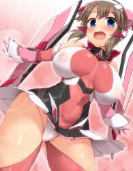 ass_visible_through_thighs bangs bare_shoulders blue_eyes blush bodysuit breasts brown_hair cameltoe cosplay covered_navel covered_nipples curvy detached_sleeves female groin headgear highleg highres huge_breasts looking_at_viewer minori_(senran_kagura) oerba_yun_fang open_mouth pleated_skirt puffy_nipples see-through senki_zesshou_symphogear senran_kagura senran_kagura_shinovi_versus shiny shiny_clothes sidelocks skin_tight skirt smile solo standing thick_thighs thighhighs thighs tsukuyomi_shirabe tsukuyomi_shirabe_(cosplay) wide_hips yoshi_tama