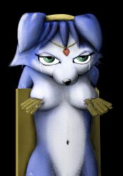 anthro blue_body blue_fur bodily_fluids bondage bondage bound breast_torture breasts canid canine clothes_pin crying female fox fur glare hair hi_res krystal lettherebecolor mammal nintendo nipple_torture nude pain simple_background solo star_fox tears torture video_games