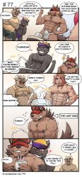 anthro bodily_fluids boss_(gym_pals) bovid bovine bruno_(gym_pals) canid canine canis cattle clothed clothing comic cum cum_in_a_cup ear_piercing erection erection_under_clothing felid genital_fluids group_masturbation gym_pals h155296 hat headgear headwear hi_res jockstrap lion male male/male mammal manager_(gym_pals) master_(gym_pals) masturbation nipple_piercing nipples pantherine penile penile_masturbation piercing underwear wolf