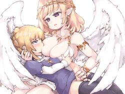 1futa 1girls angel angel_wings armlet black_legwear blonde_hair blue_eyes blush bottomless braid breast_sucking breasts censored cleavage clothed clothing duo earrings female french_braid frfr fully_clothed futa_with_female futanari handjob highres human humanoid jewelry large_breasts light-skinned_female light-skinned_futanari light_skin long_ears long_hair medium_breasts medium_hair mosaic_censoring multiple_girls necklace nursing_handjob open_mouth original pale_skin partially_clothed penis pointy_ears purple_eyes simple_background thighhighs white_background wings