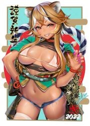 2022 animal_ears blonde_hair bra breasts cleavage clenched_teeth cowboy_shot female female fingernails grin hand_up happy_new_year large_breasts long_hair looking_at_viewer masami_chie micro_shorts multicolored_hair navel navel_piercing new_year original piercing pink_nails rope shimenawa shorts sidelocks smile solo standing streaked_hair teeth thighhighs tiger_ears underwear yellow_eyes