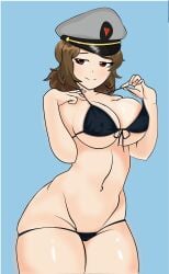 1girls artist_request big_breasts black_panties blue_background brown_hair captain_hat dead_ahead_(roblox) horny maya_tau red_eyes roblox roblox_game source_request swimsuit tagme thighhighs